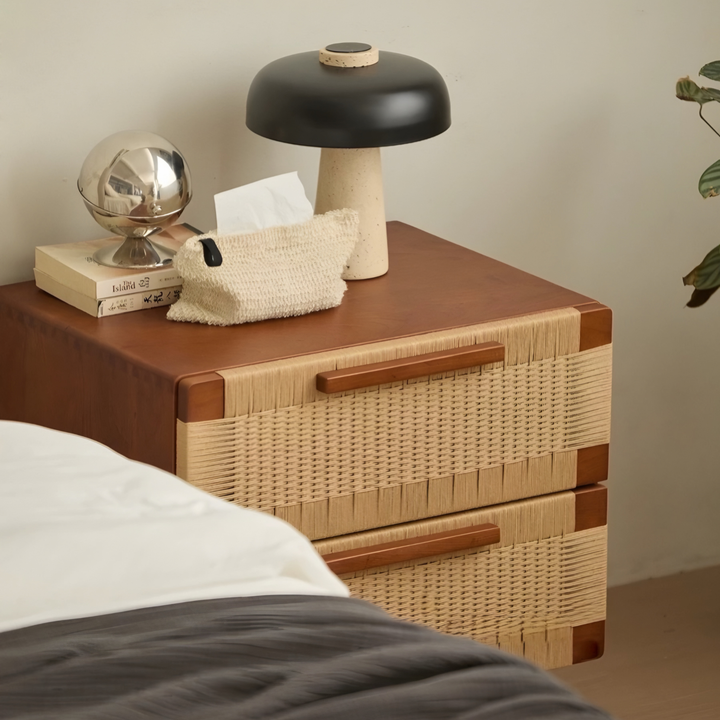 YOVANA Rustic Rattan Bedside Table