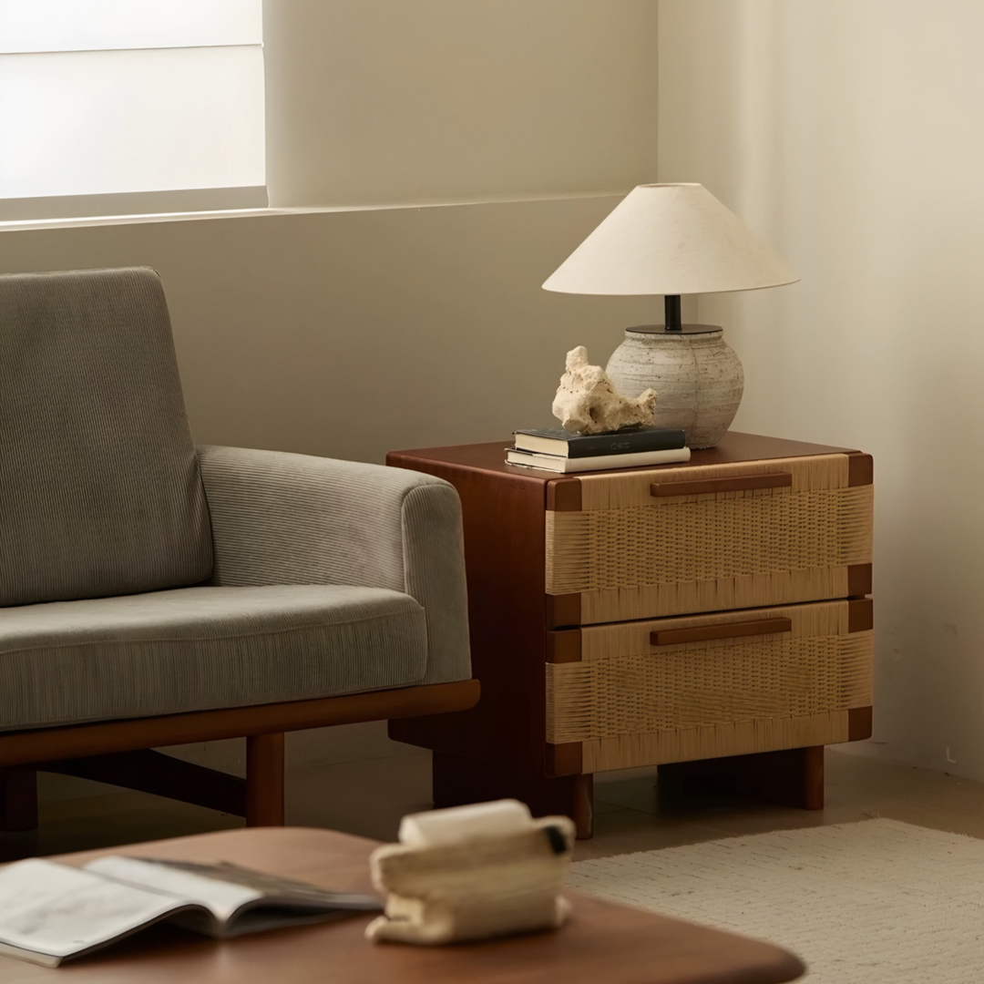 YOVANA Rustic Rattan Bedside Table