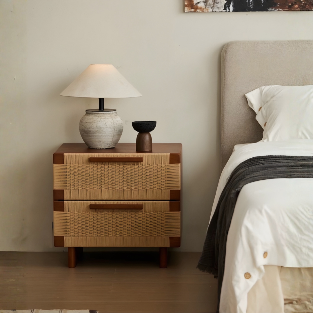 YOVANA Rustic Rattan Bedside Table