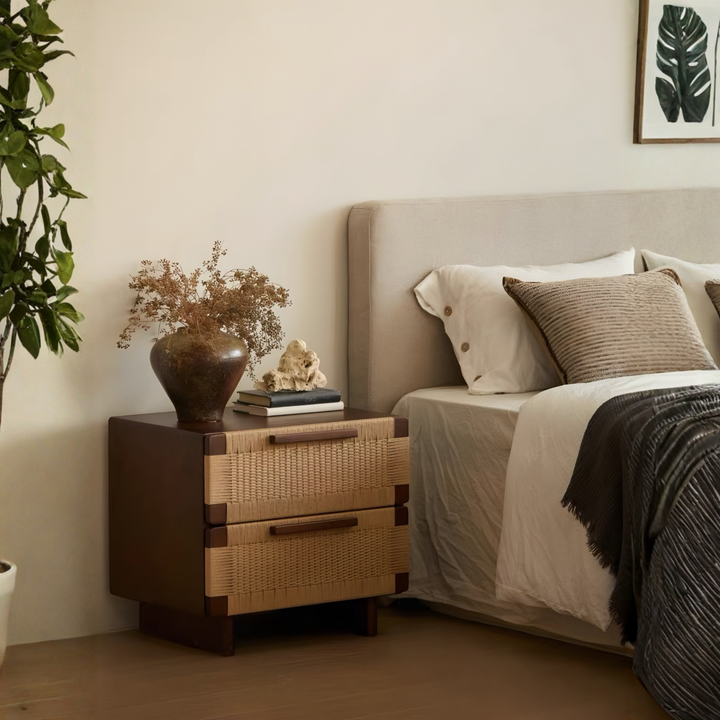 YOVANA Rustic Rattan Bedside Table