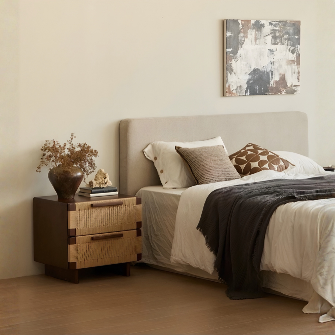 YOVANA Rustic Rattan Bedside Table
