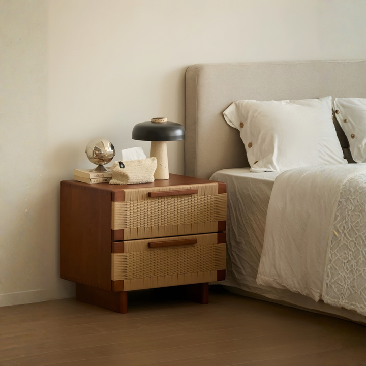 YOVANA Rustic Rattan Bedside Table