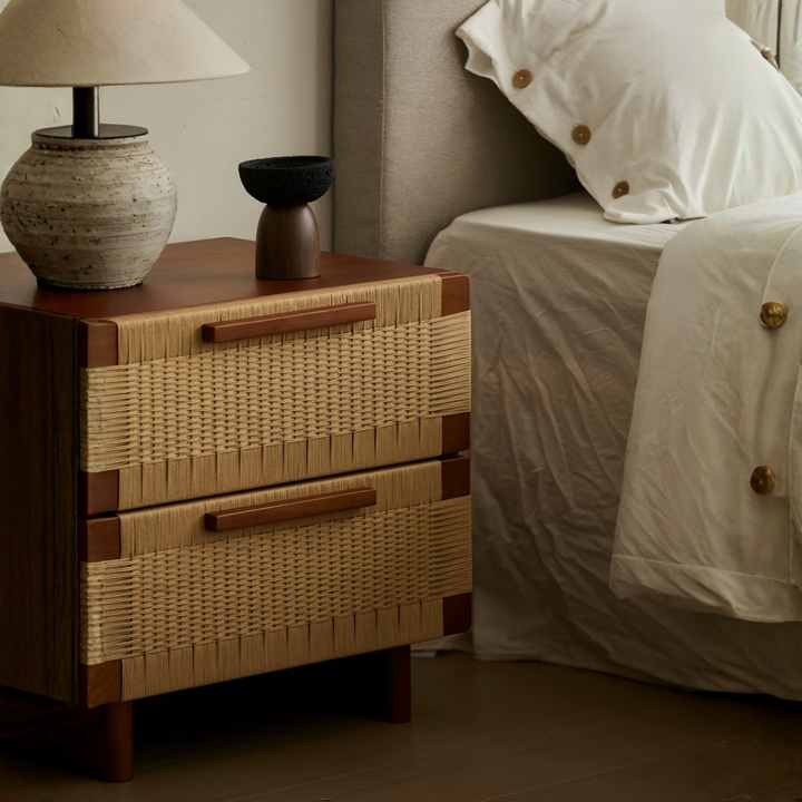 YOVANA Rustic Rattan Bedside Table