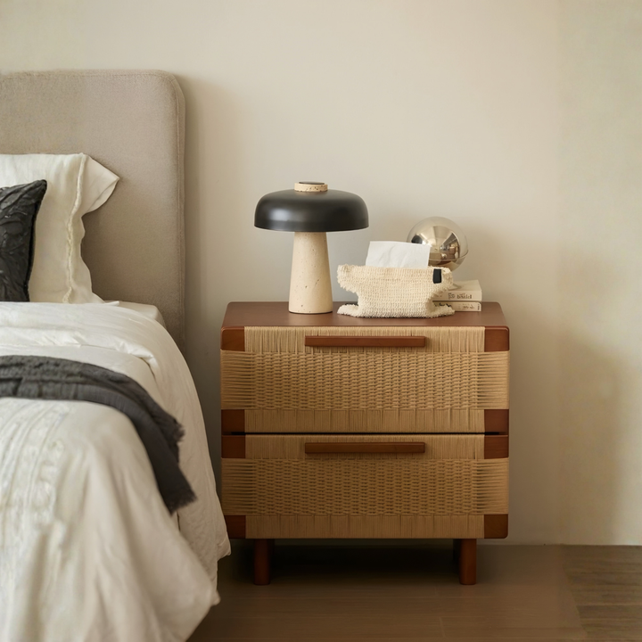 YOVANA Rustic Rattan Bedside Table