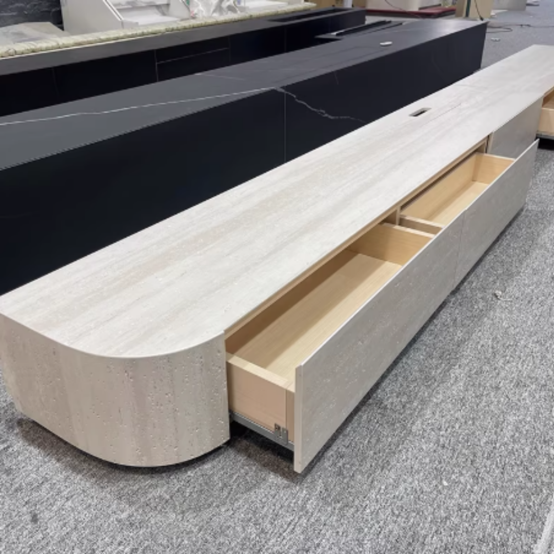 VELMORA Modern Travertine TV Console