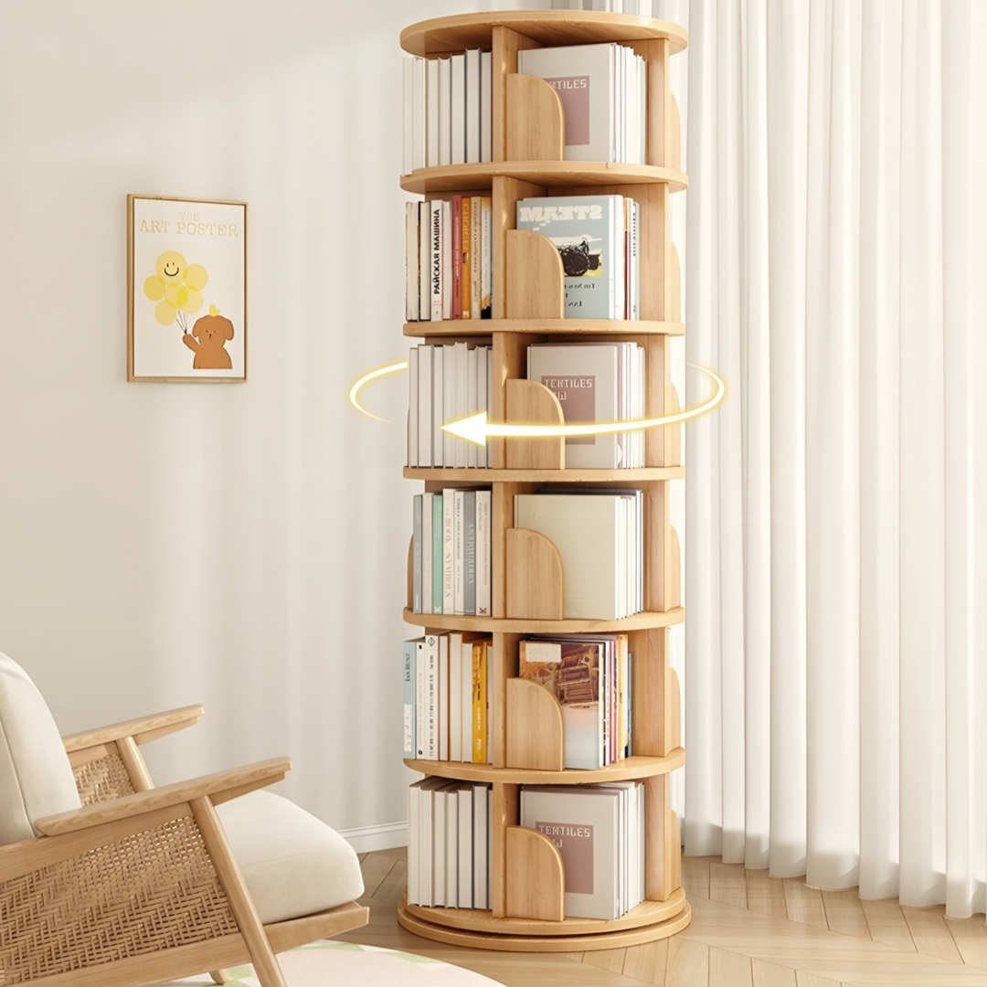 LIVARA Japandi Solid Wood Rotating Bookshelf