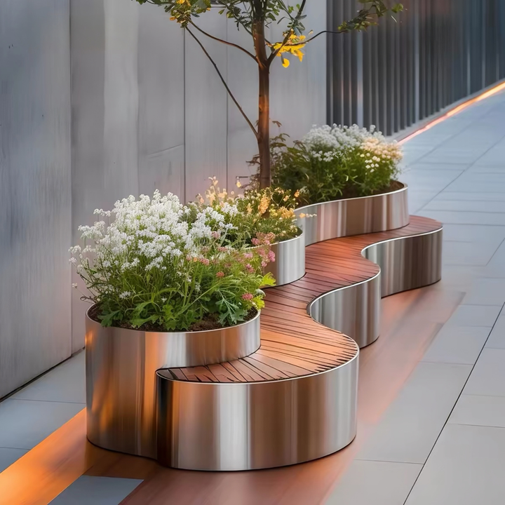 QORVAYNE Modern Stainless Steel Outdoor Curved Bench