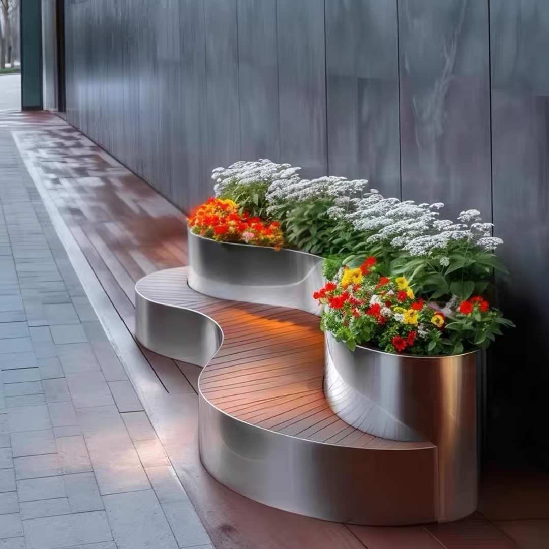 QORVAYNE Modern Stainless Steel Outdoor Curved Bench