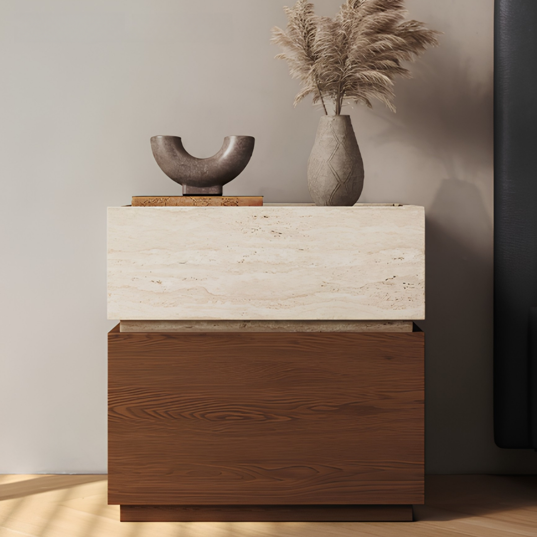 AUREN Modern Travertine Bedside Table With Safe - Cassa Haus Singapore