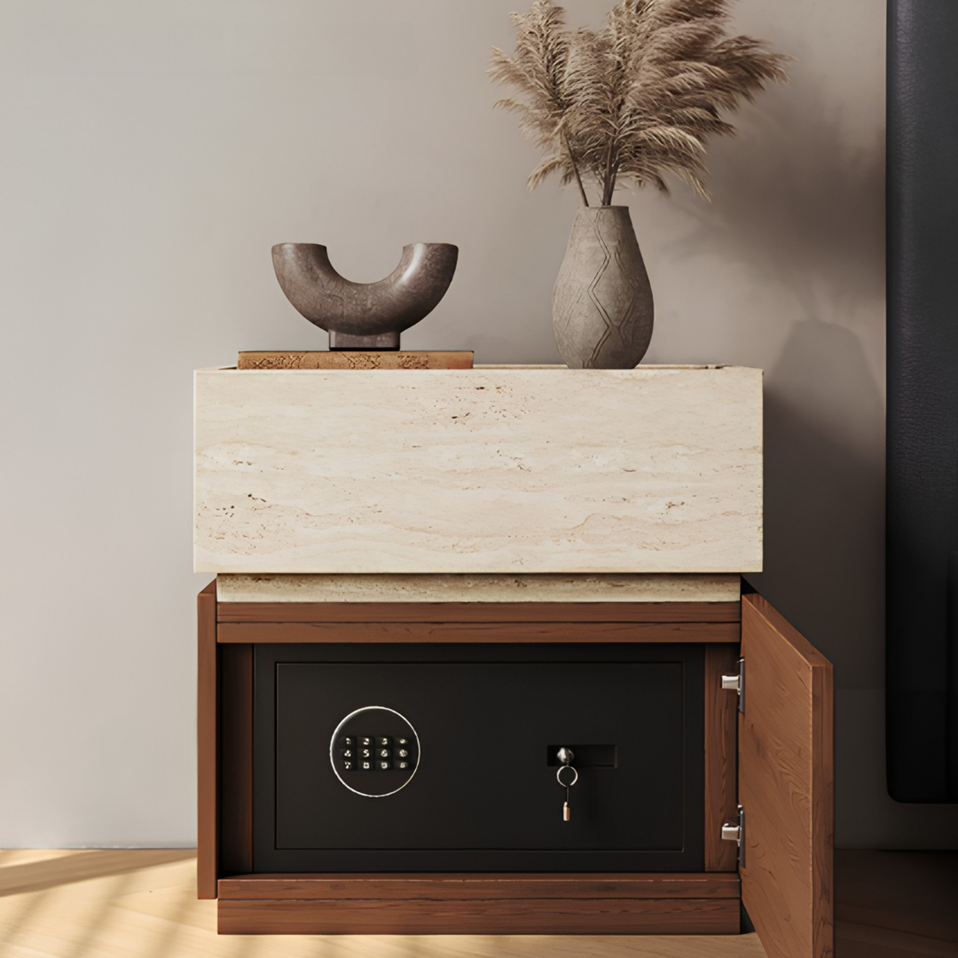 AUREN Modern Travertine Bedside Table With Safe - Cassa Haus Singapore