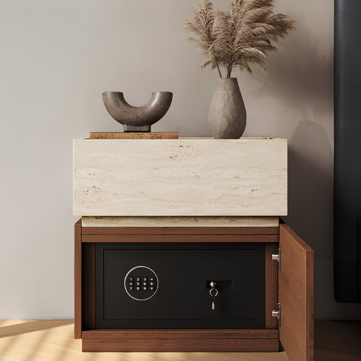 AUREN Modern Travertine Bedside Table With Safe - Cassa Haus Singapore