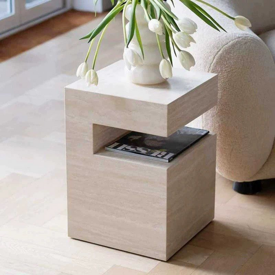 CAMILLE Modern Travertine Side Table - Cassa Haus Singapore