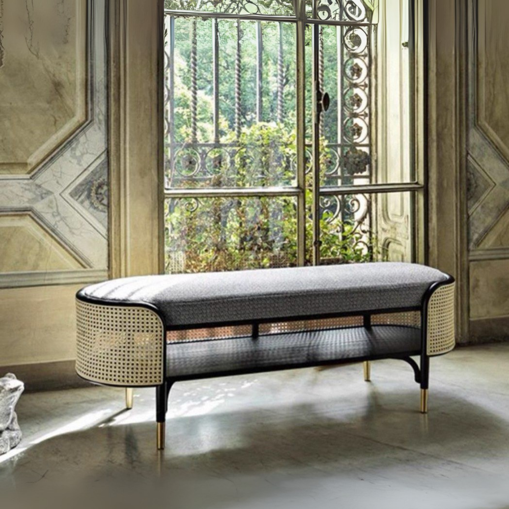 ALFEIM Rustic Ash Wood Rattan Bench - Radical Homes Singapore