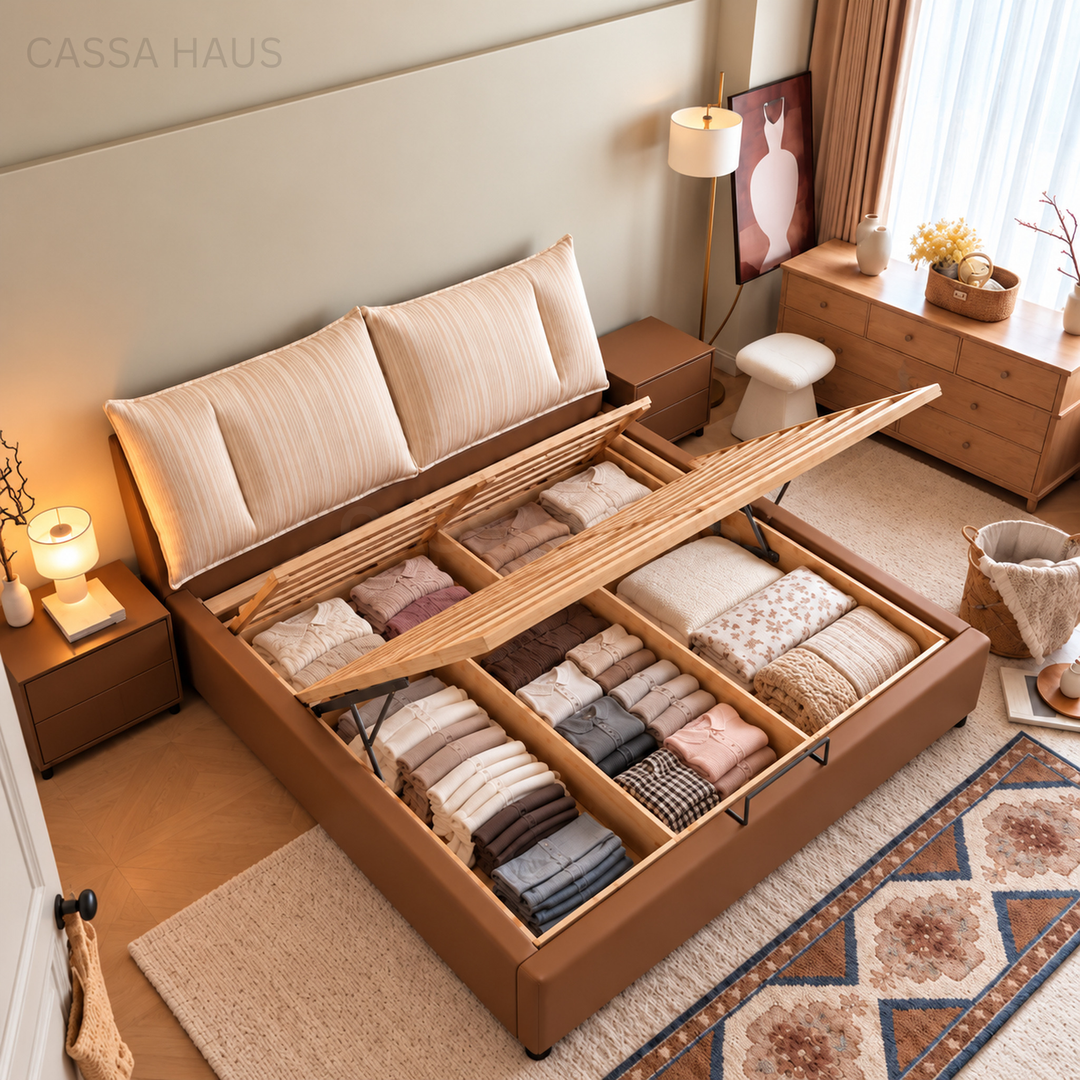 MINOA Modern Fabric & Leather Storage Bedframe - Cassa Haus Singapore
