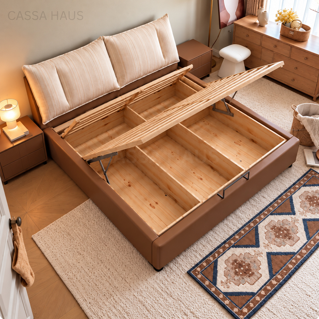 MINOA Modern Fabric & Leather Storage Bedframe - Cassa Haus Singapore
