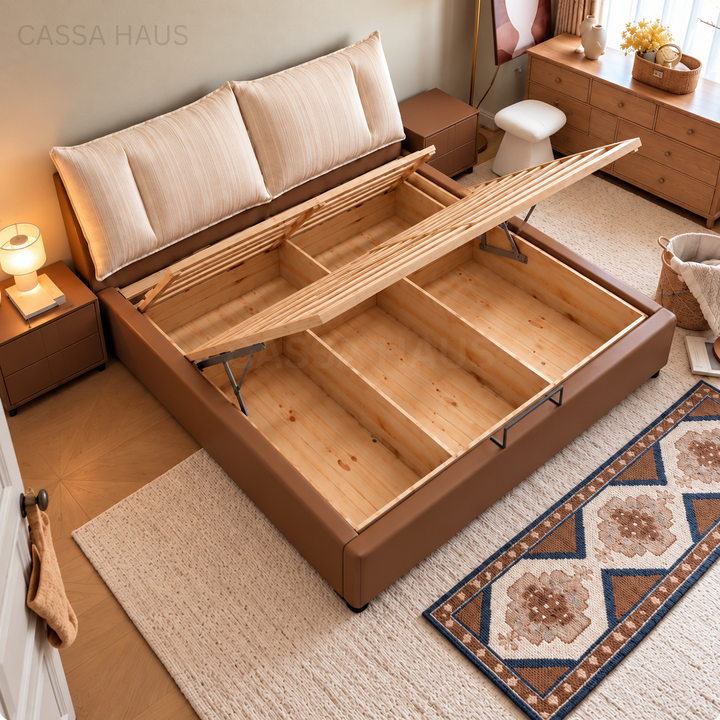 MINOA Modern Fabric & Leather Storage Bedframe - Cassa Haus Singapore
