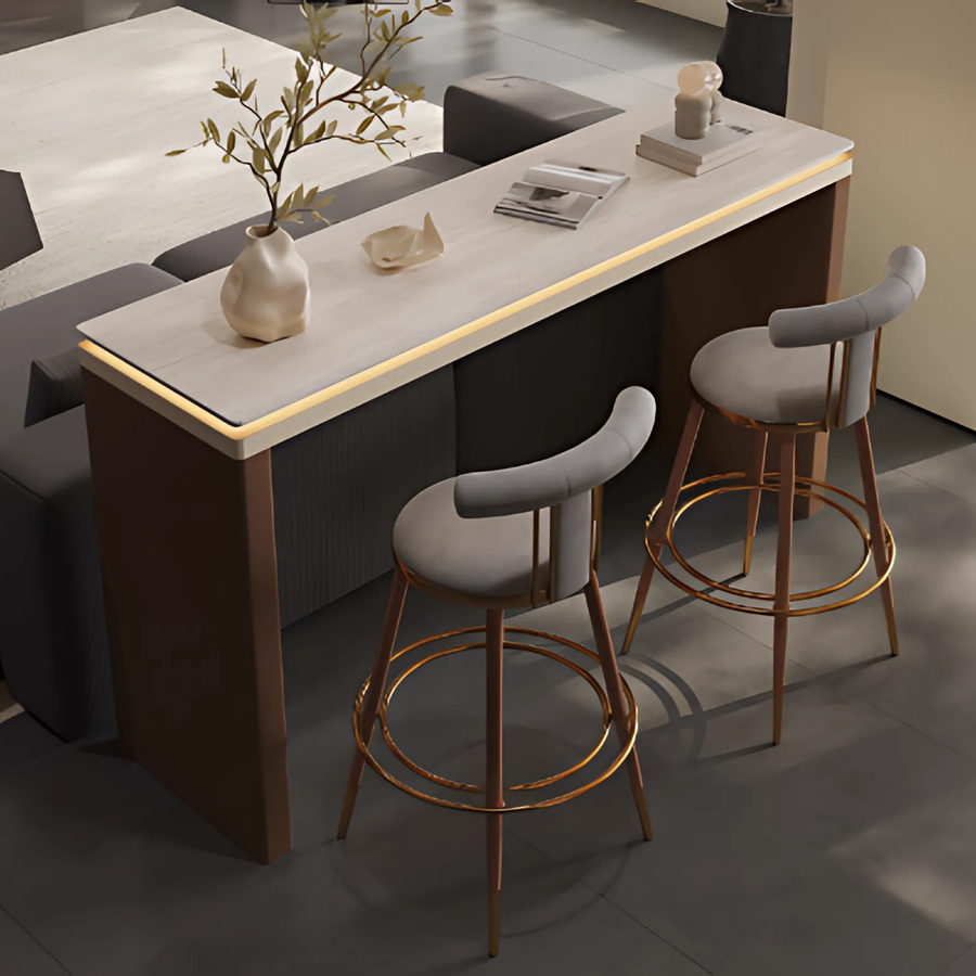 VIONA Modern Travertine & Saddle Leather Bar Table - Radical Homes Singapore