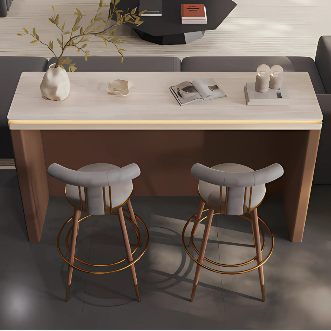 VIONA Modern Travertine & Saddle Leather Bar Table - Radical Homes Singapore
