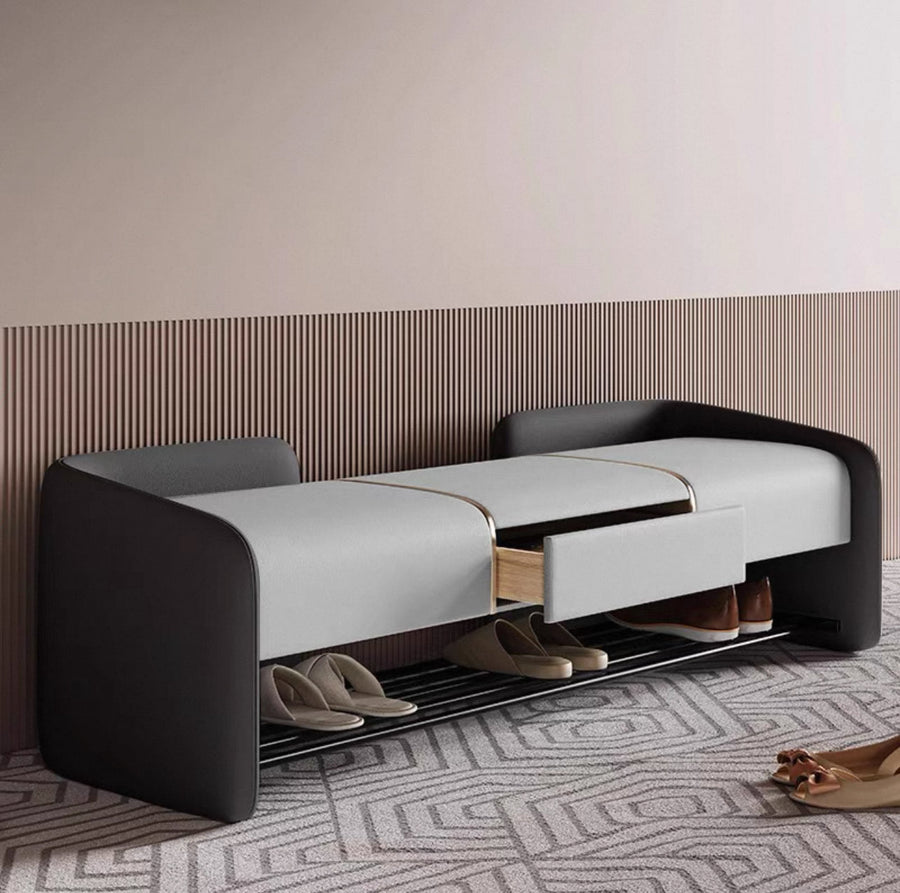 DEVONSHIRE Modern Leather Bench With Drawer (Instock) - Radical Homes Singapore