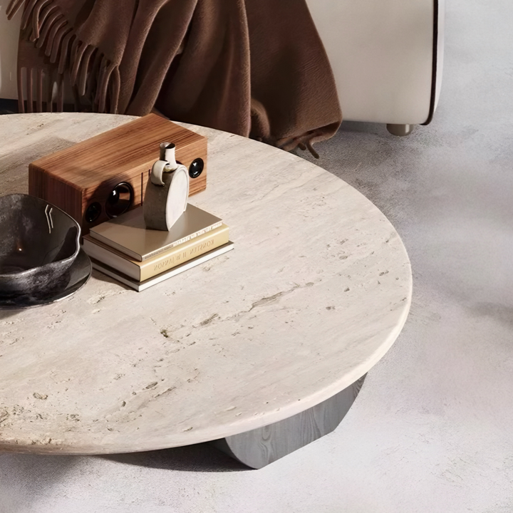 MONTERRA Modern Travertine Round Coffee Table - Radical Homes Singapore