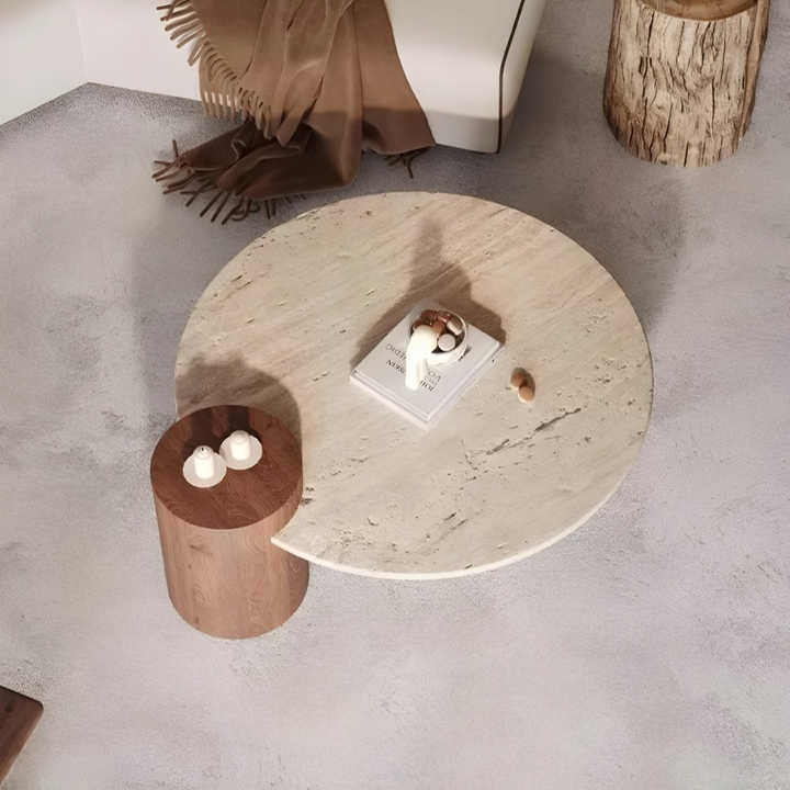 MONTERRA Modern Travertine Round Coffee Table - Radical Homes Singapore