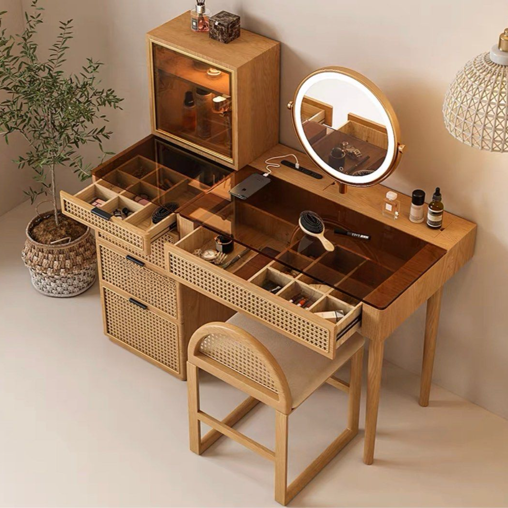 OAKRIEL Modern Oak Wood Vanity Table Set - Cassa Haus Singapore