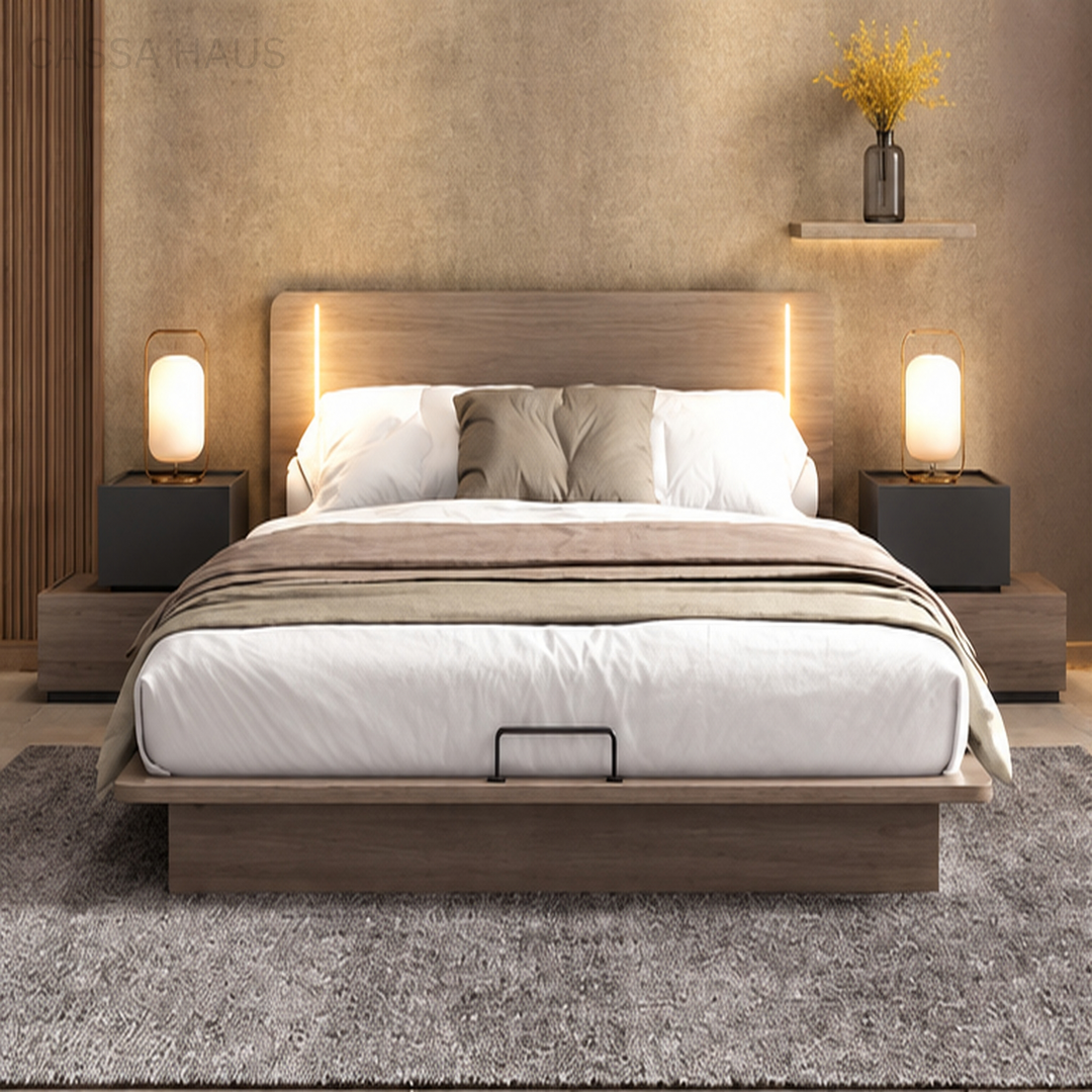 ODIER Modern Platform Storage LED Bedframe - Cassa Haus Singapore