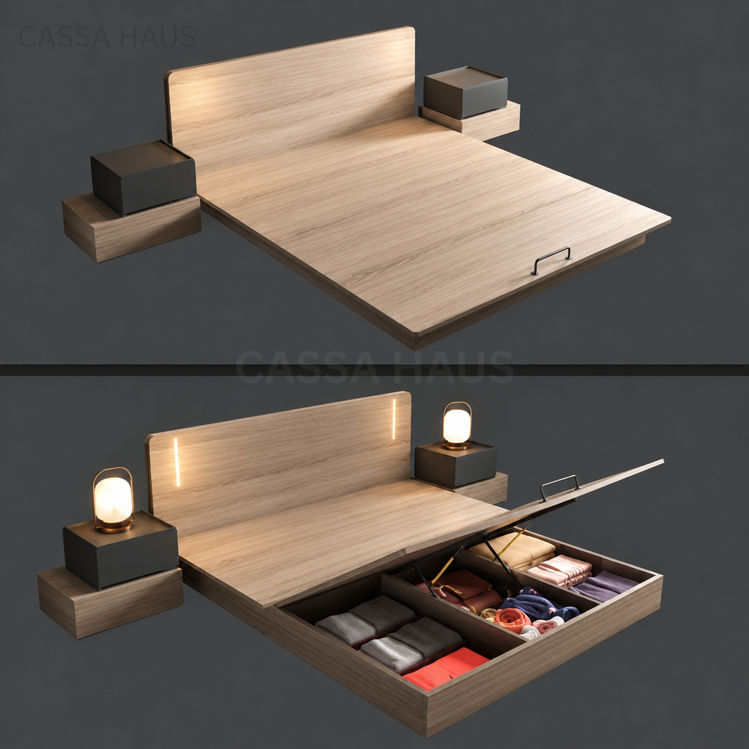 ODIER Modern Platform Storage LED Bedframe - Cassa Haus Singapore