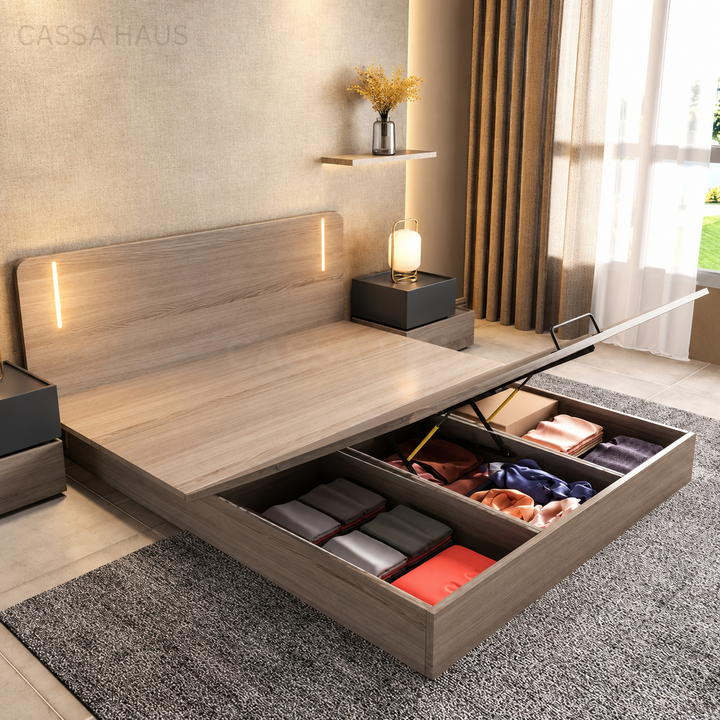 ODIER Modern Platform Storage LED Bedframe - Cassa Haus Singapore