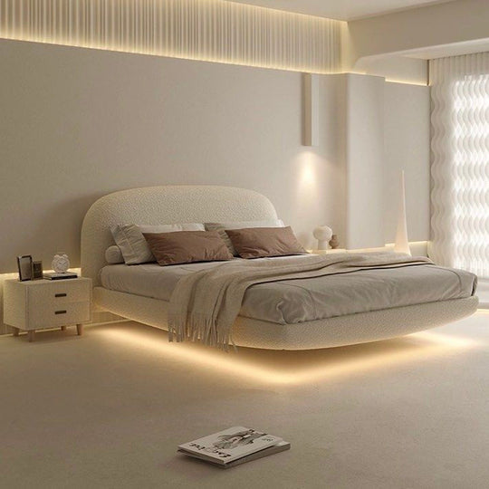 ZELQAR Modern Boucle LED Floating Bedframe - Cassa Haus Singapore