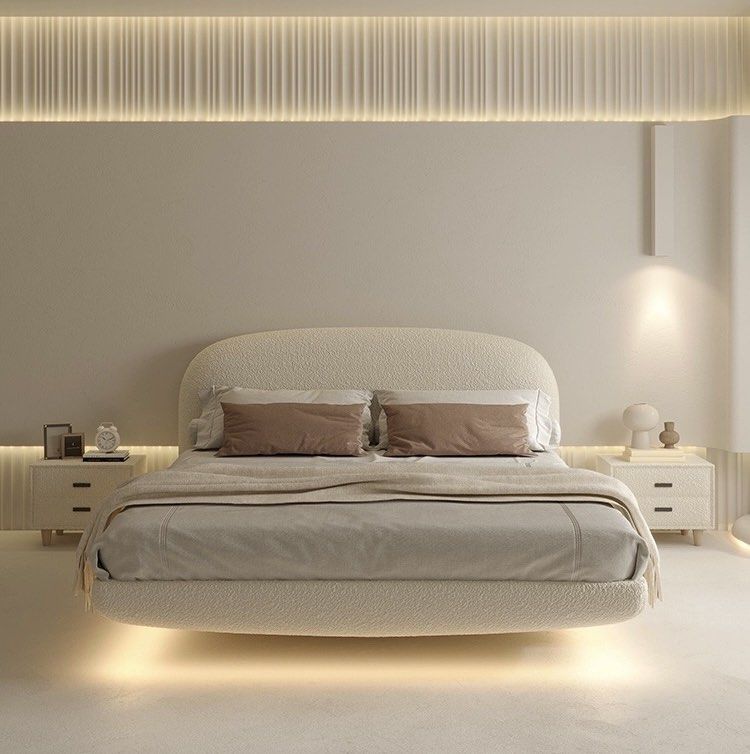 CHAPEL Modern Boucle LED Floating Bedframe - Radical Homes Singapore