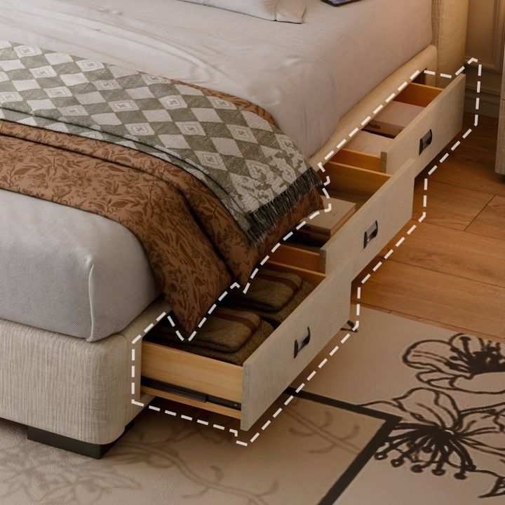 RAVIEN Modern Scratch Proof Fabric Storage Bedframe - Cassa Haus Singapore