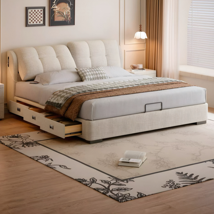 RAVIEN Modern Scratch Proof Fabric Storage Bedframe - Cassa Haus Singapore
