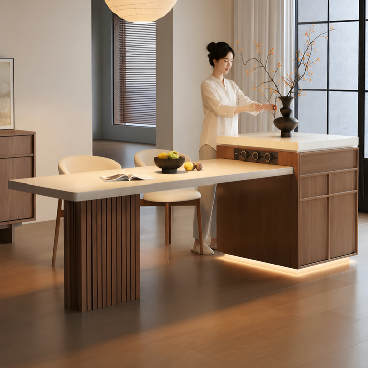 TERRAVANT Modern Travertine Island Dining Table With Extendable Storage - Cassa Haus Singapore