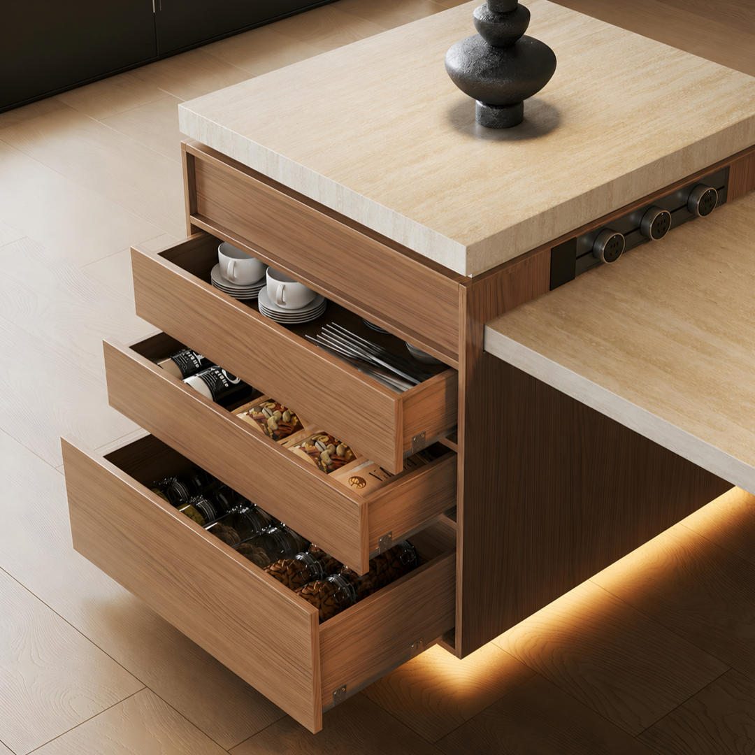 TERRAVANT Modern Travertine Island Dining Table With Extendable Storage - Cassa Haus Singapore