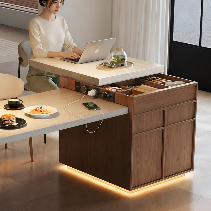 TERRAVANT Modern Travertine Island Dining Table With Extendable Storage - Cassa Haus Singapore