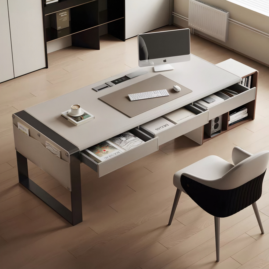 THADDEUS Modern Saddle Leather Study Table - Cassa Haus Singapore