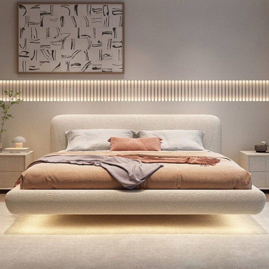 JANIFE Modern Boucle Floating LED Bedframe - Radical Homes Singapore