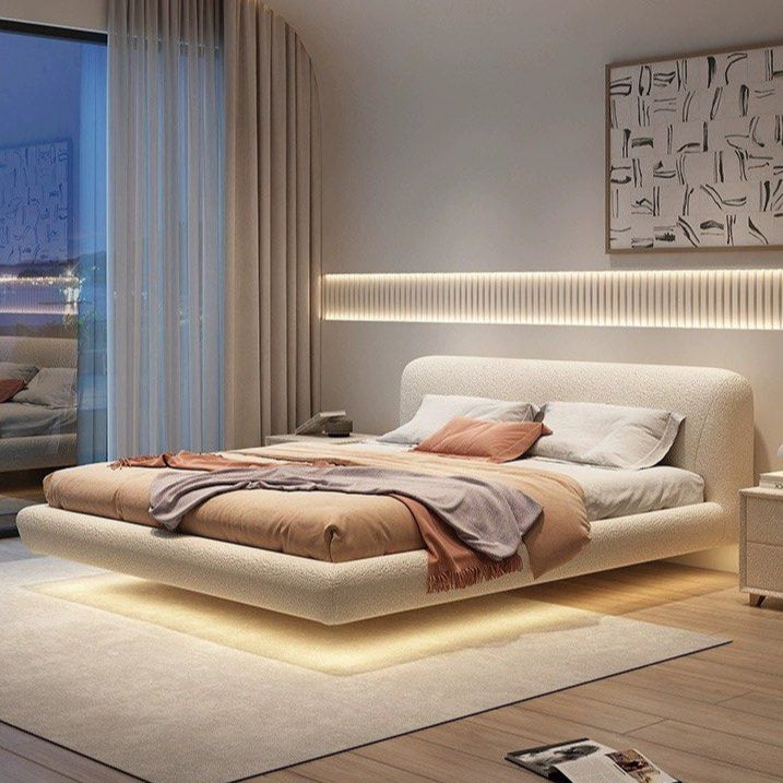 JANIFE Modern Boucle Floating LED Bedframe - Radical Homes Singapore
