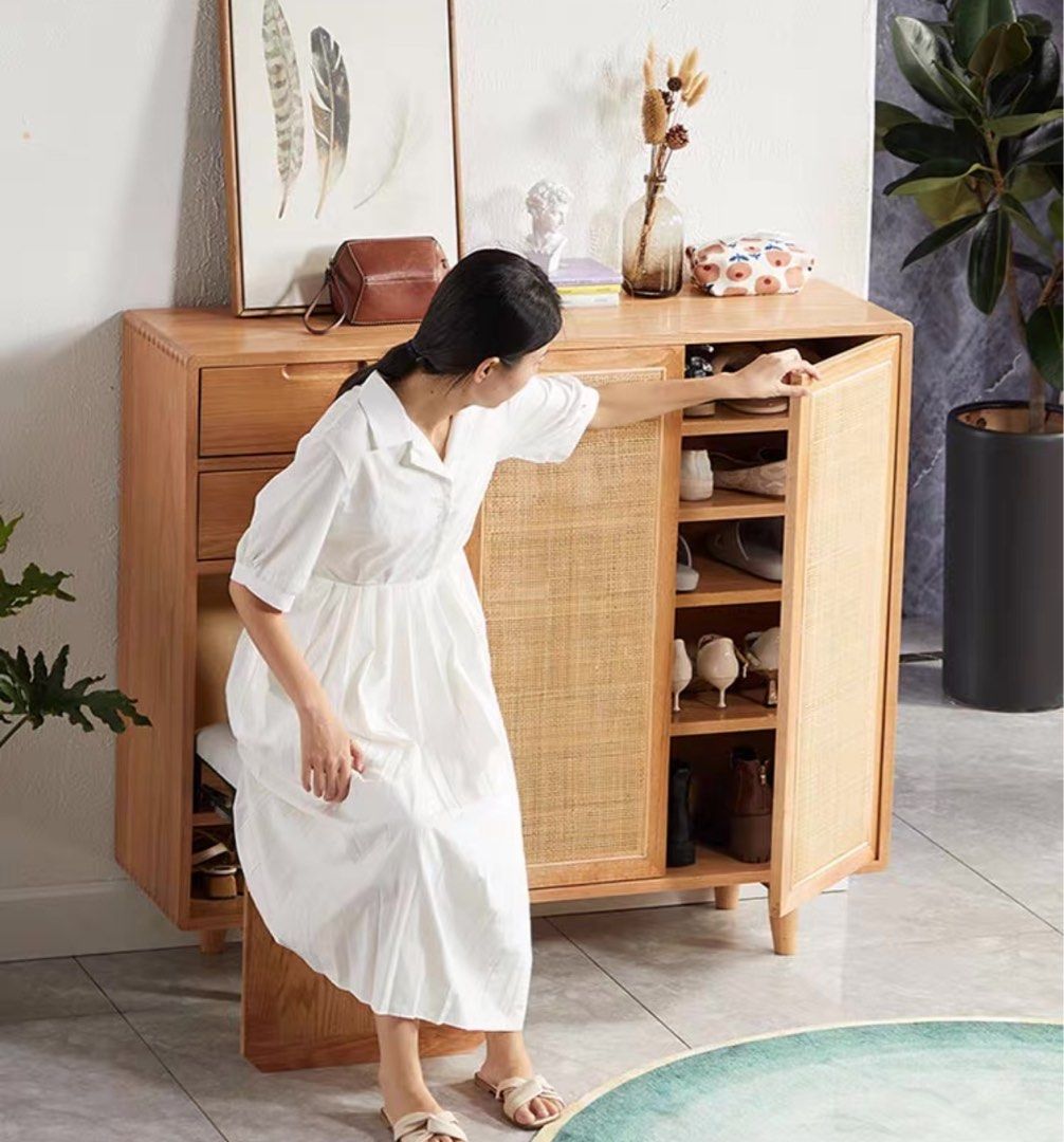 OFELIA Japandi Solid Wood Shoe Cabinet With Bench - Radical Homes Singapore