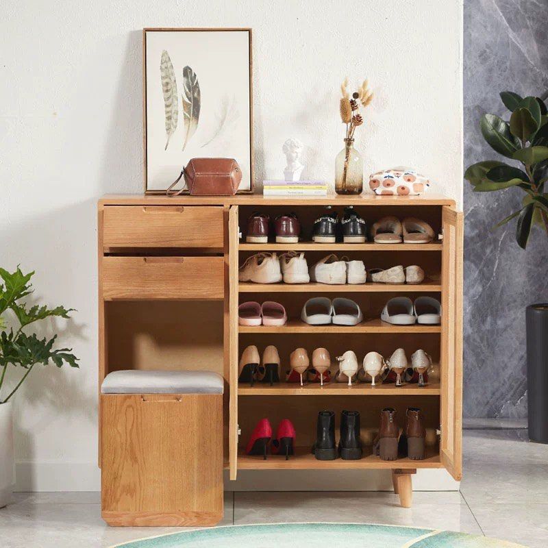 OFELIA Japandi Solid Wood Shoe Cabinet With Bench - Radical Homes Singapore