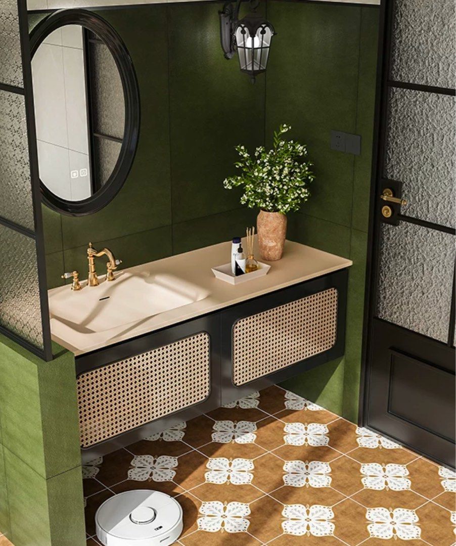 YURMIN Rustic Rattan Bathroom Vanity Mirror & Cabinet - Radical Homes Singapore