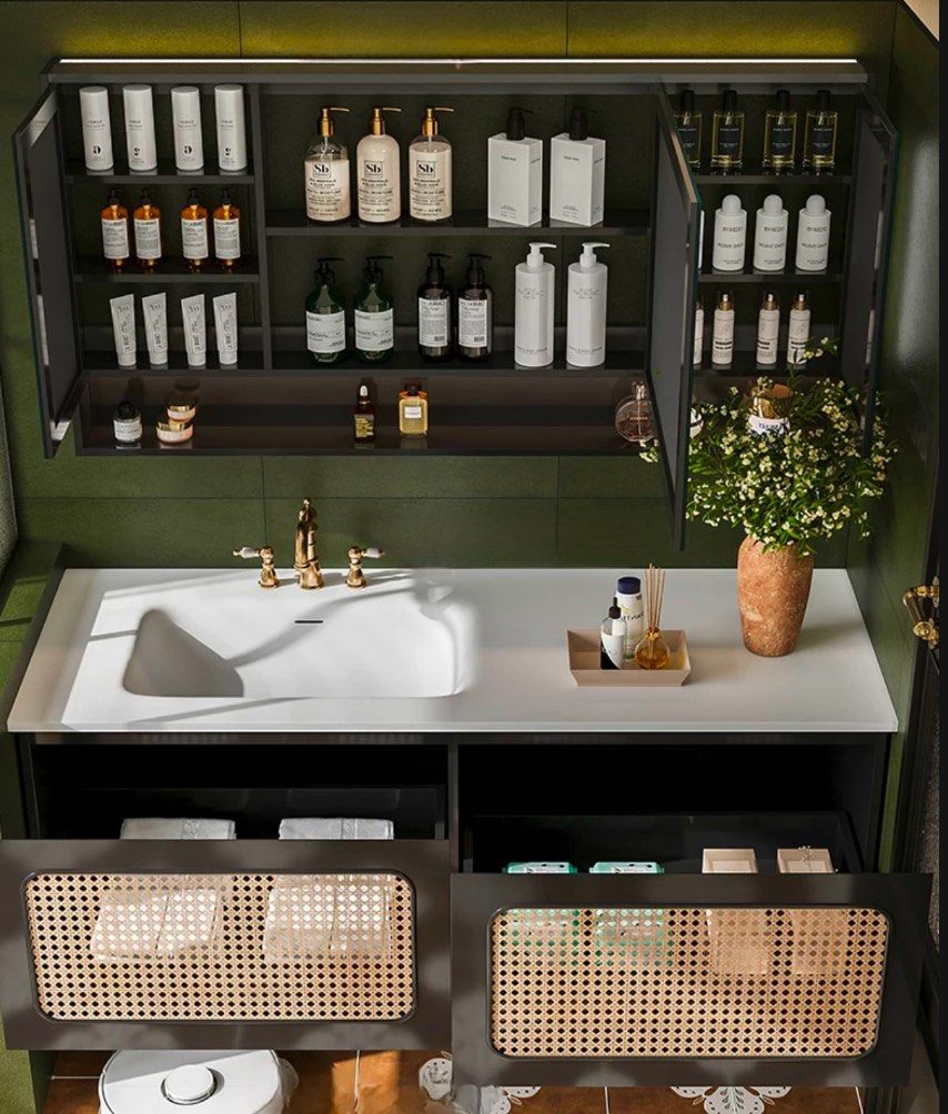 RIVERMONT Rustic Rattan Bathroom Vanity Mirror & Cabinet - Cassa Haus Singapore