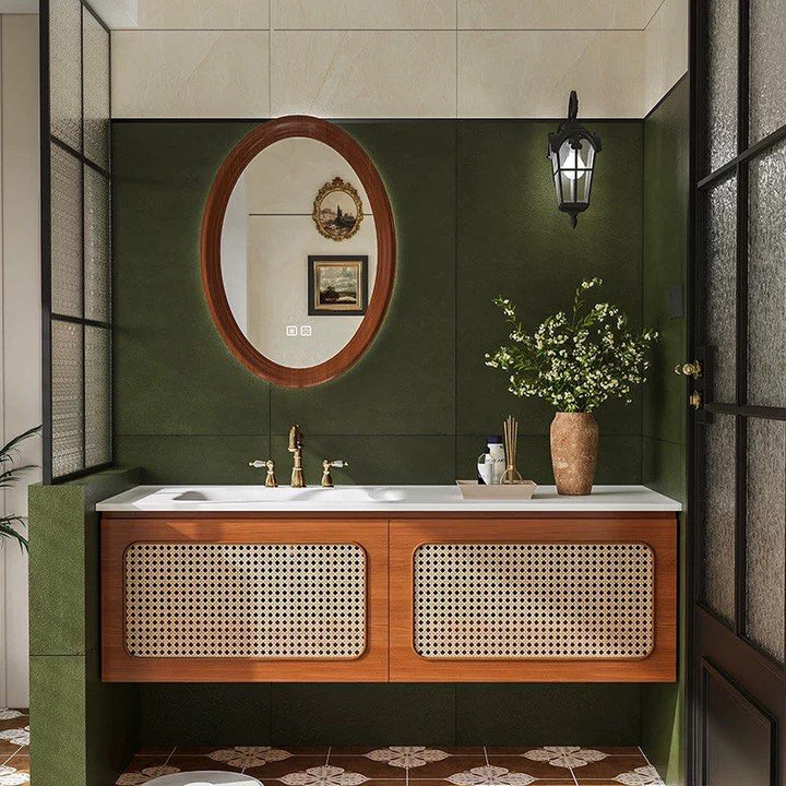 RIVERMONT Rustic Rattan Bathroom Vanity Mirror & Cabinet - Cassa Haus Singapore