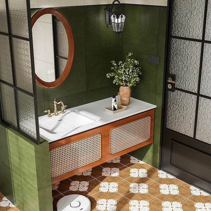 RIVERMONT Rustic Rattan Bathroom Vanity Mirror & Cabinet - Cassa Haus Singapore