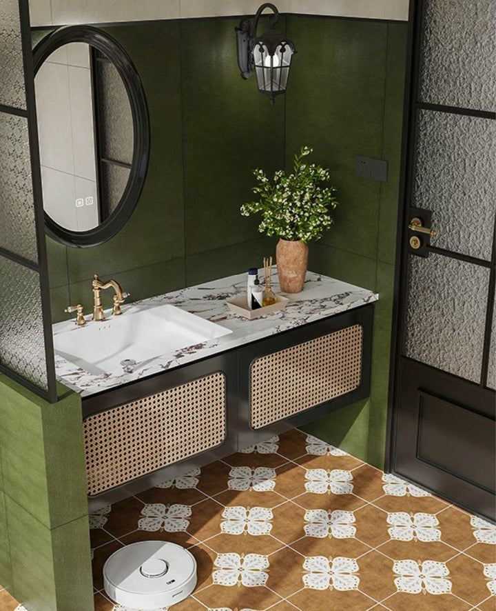 RIVERMONT Rustic Rattan Bathroom Vanity Mirror & Cabinet - Cassa Haus Singapore