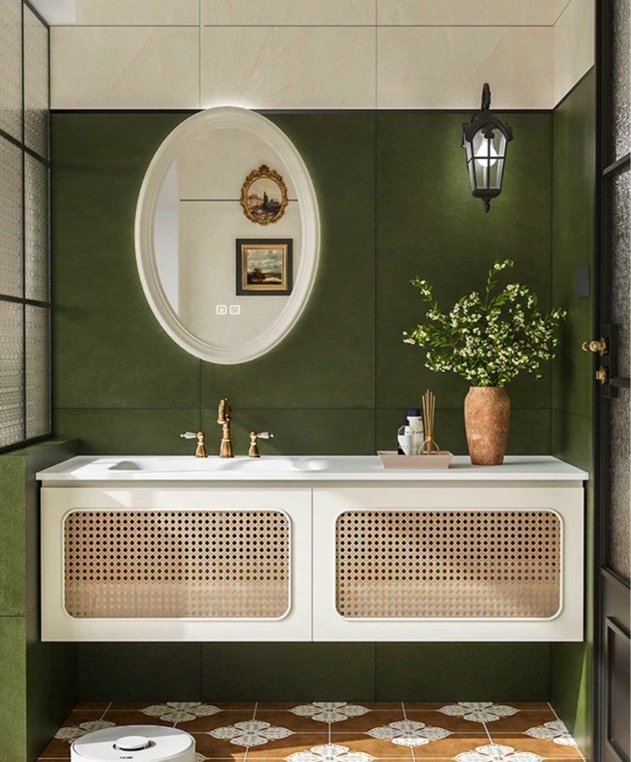 RIVERMONT Rustic Rattan Bathroom Vanity Mirror & Cabinet - Cassa Haus Singapore